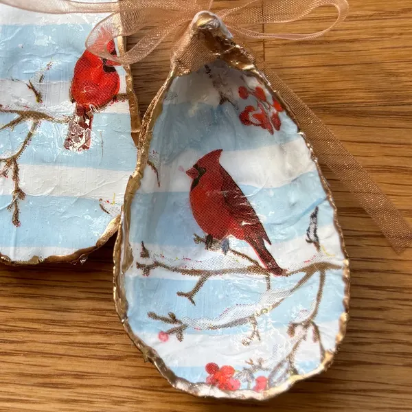 A gold-rimmed oyster shell ornament with a red cardinal on a snowy branch with red berries, over pale blue and white stripes, hung on a peach organza ribbon. Comes in a gift bag.
