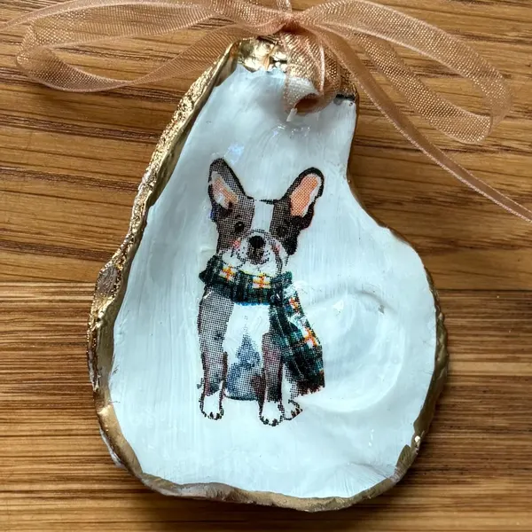A gold-rimmed oyster shell ornament with a French bulldog in a green plaid scarf, hung on a peach organza ribbon. Comes in a gift bag.