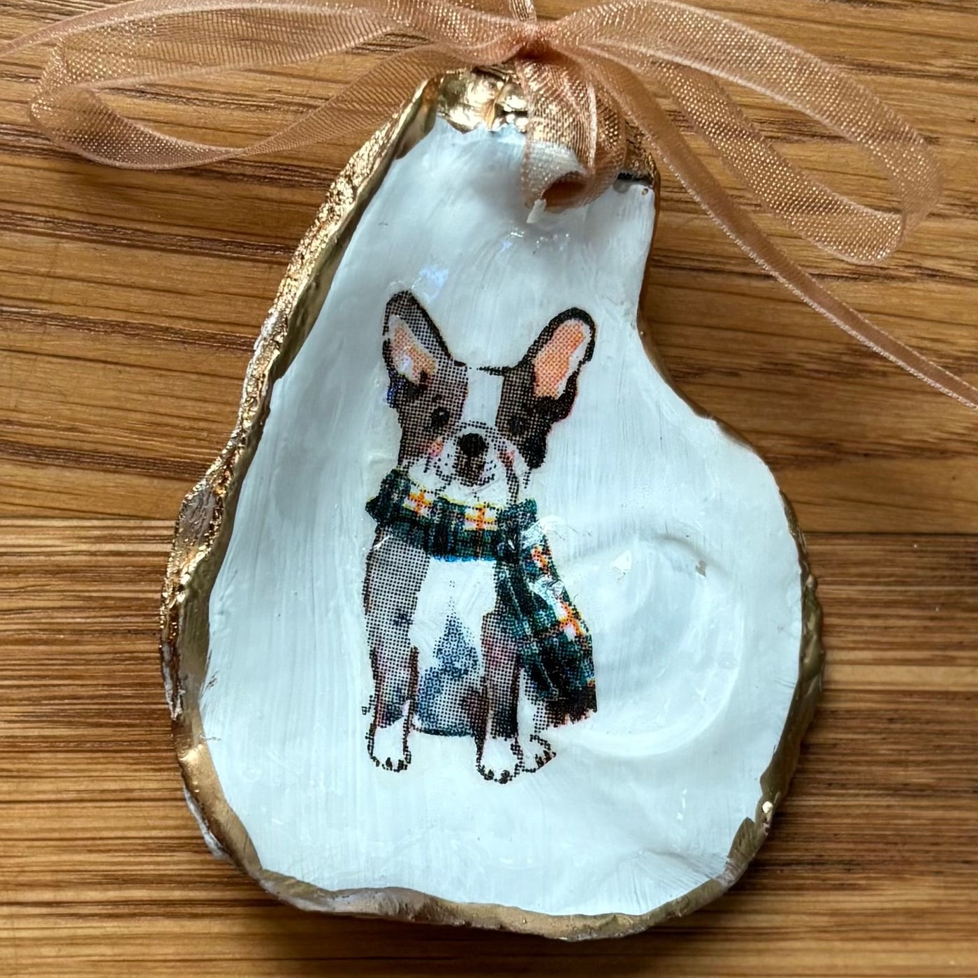 A gold-rimmed oyster shell ornament with a French bulldog in a green plaid scarf, hung on a peach organza ribbon. Comes in a gift bag.